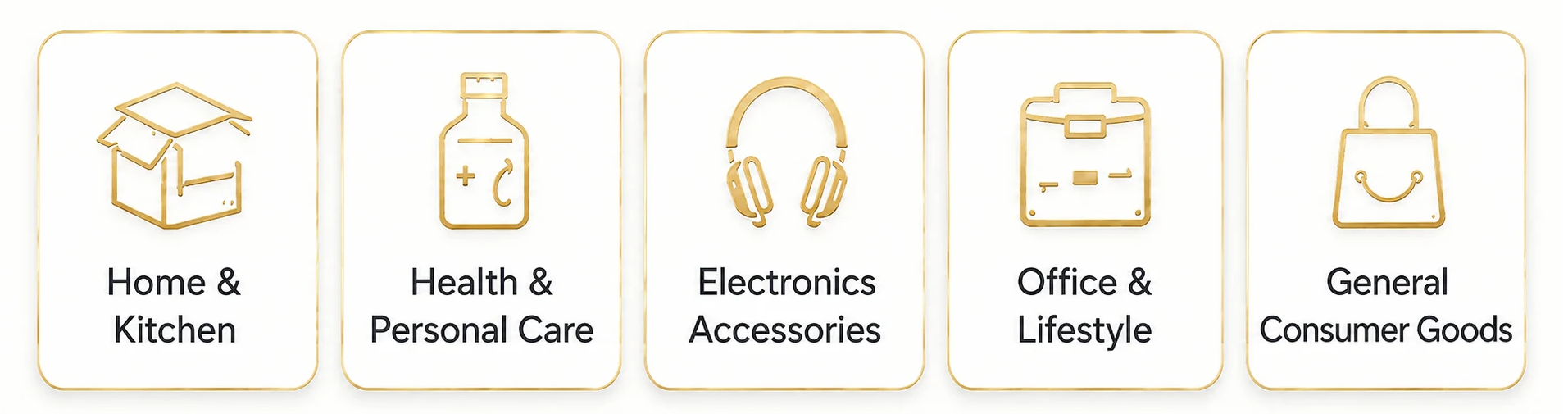 Home and kitchen, health and personal care, electronics accessories, office and lifestyle, and general consumer goods